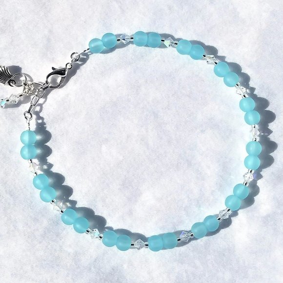 Seafoam Green Anklet/ Beachy Frosted Turquoise and Silver Anklet for Women - Picture 4 of 4